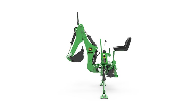 A left-facing studio shot of a green backhoe implement on a white background. (4th thumbnail)