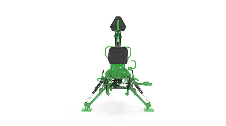 A rear-facing studio shot of a green backhoe implement on a white background. (5th thumbnail)