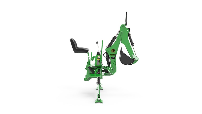 A right-facing studio shot of a green backhoe implement on a white background. (6th thumbnail)