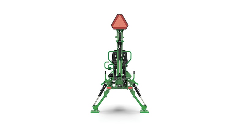 A front-facing studio shot of a green backhoe implement on a white background. (3rd thumbnail)