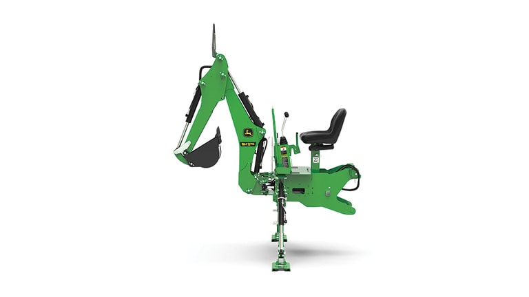 A left-facing studio shot of a green backhoe implement on a white background. (4th thumbnail)