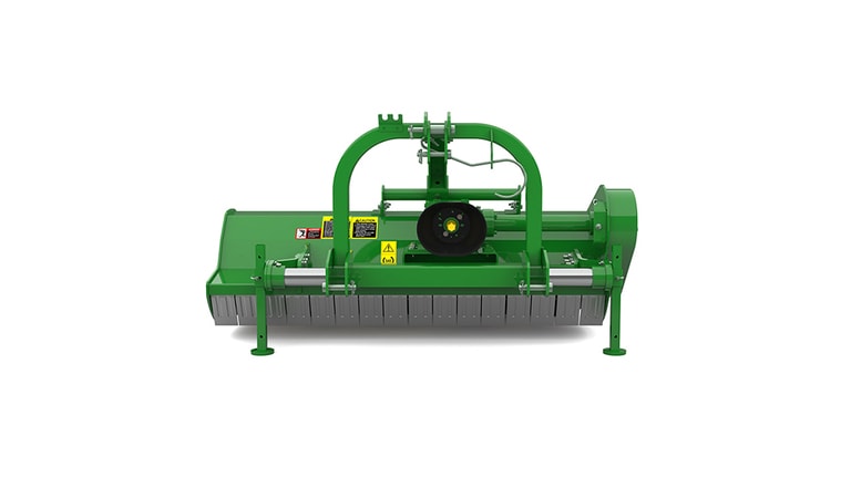 Front view of green agricultural machine with visible safety warning labels. (4th thumbnail)