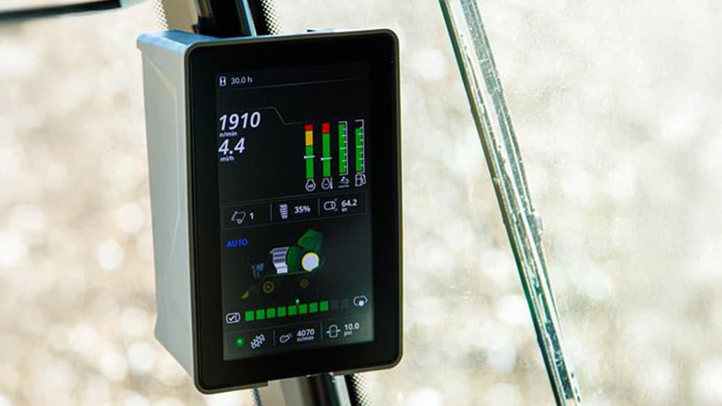 Close-up, in-cab photo of the Accumulator Logic interface on the primary display in a C770 Series Cotton Harvester.