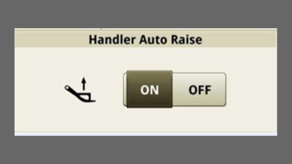 Closeup screenshot of the Auto Handler Raise interface from the in-cab display in a C770 Series Cotton Harvester.