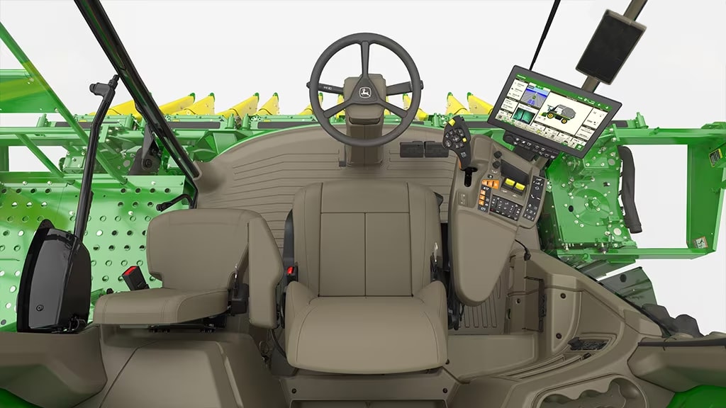 Inside view of the cab on a CP770 cotton harvester.