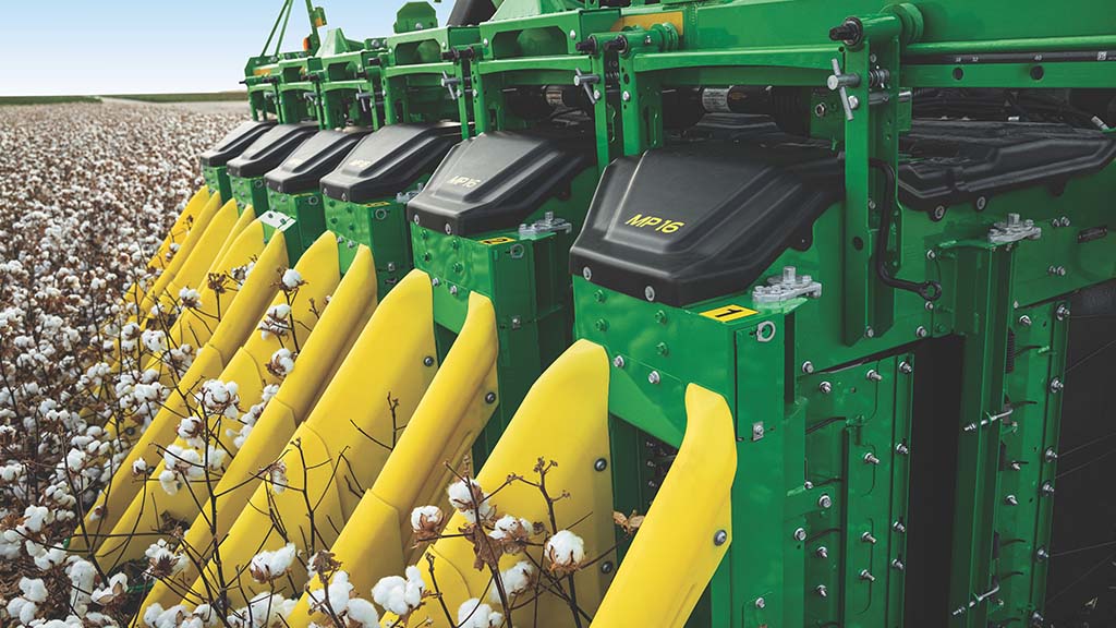 Close-up of John Deere MP16 Row Units on a John Deere CP770 Cotton Picker