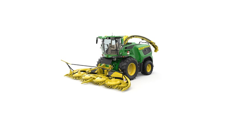 A front-left-facing green F9 500 self-propelled forage harvester with a yellow header on a white background. (7th thumbnail)