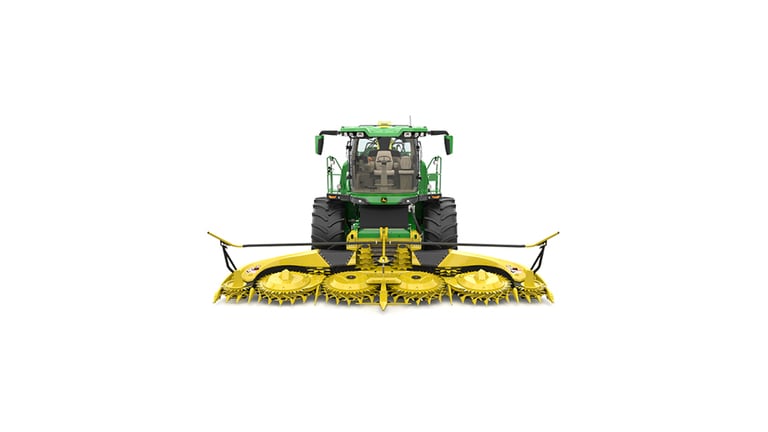 A front-facing green F9 500 self-propelled forage harvester with a yellow header on a white background. (8th thumbnail)