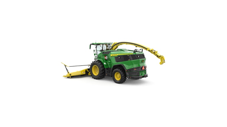 A rear-left-facing green F9 500 self-propelled forage harvester with a yellow header on a white background. (5th thumbnail)