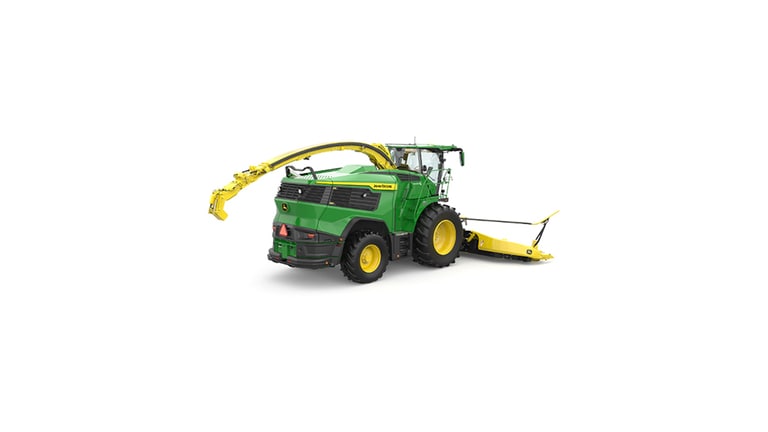 A rear-right-facing green F9 500 self-propelled forage harvester with a yellow header on a white background. (3rd thumbnail)