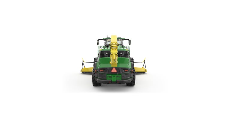 A rear-facing green F9 500 self-propelled forage harvester with a yellow header on a white background. (4th thumbnail)