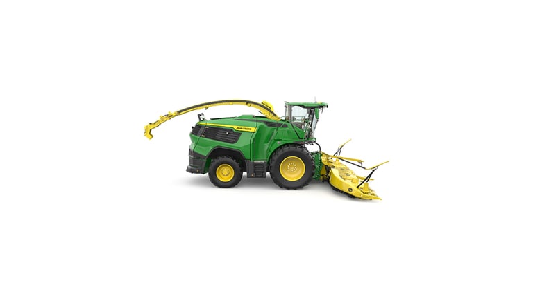 A right-facing green F9 500 self-propelled forage harvester with a yellow header on a white background. (2nd thumbnail)