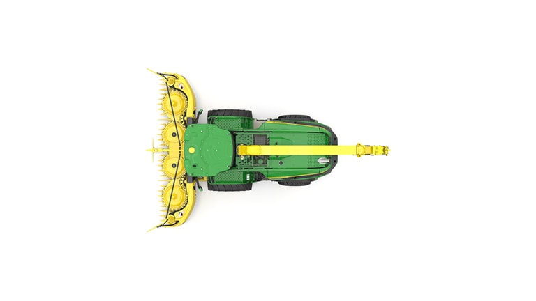 A top-facing green F9 500 self-propelled forage harvester with a yellow header on a white background. (9th thumbnail)