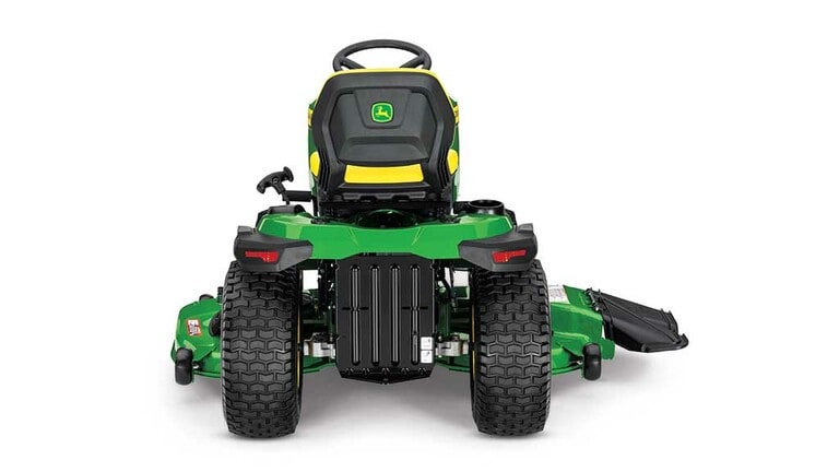 A backward-facing green riding mower with a yellow seat and green mowing deck on a white background. (2nd thumbnail)