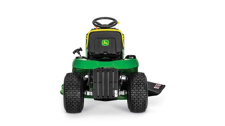 A backward-facing green riding mower with a yellow seat and green mowing deck on a white background. (2nd thumbnail)