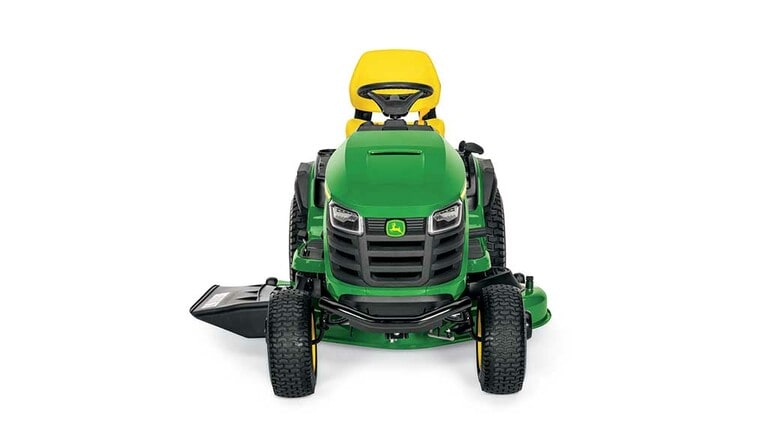 A forward-facing green riding mower with a yellow seat and green mowing deck on a white background. (3rd thumbnail)