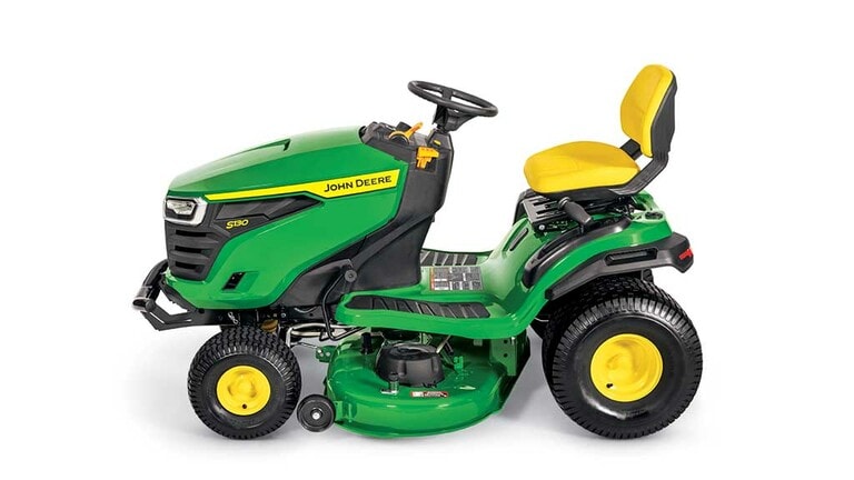 A left-facing green riding mower with a yellow seat and green mowing deck on a white background. (2nd thumbnail)
