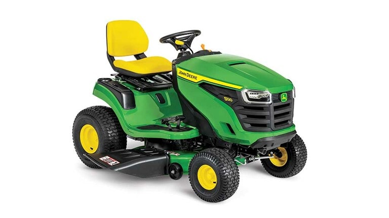 A front-right-facing green riding mower with a yellow seat and green mowing deck on a white background. (5th thumbnail)
