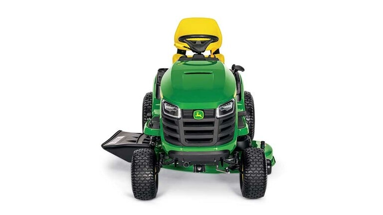 A forward-facing green riding mower with a yellow seat and green mowing deck on a white background. (3rd thumbnail)