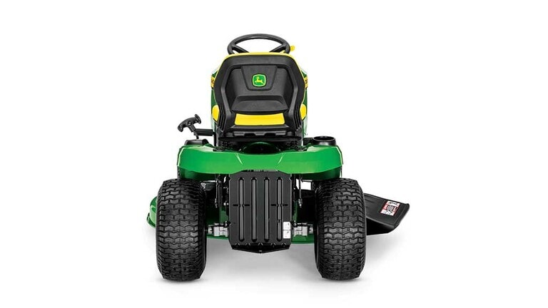 A backward-facing green riding mower with a yellow seat and green mowing deck on a white background. (2nd thumbnail)