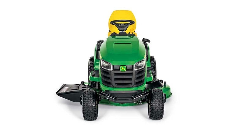 A right-facing green riding mower with a yellow seat and green mowing deck on a white background. (3rd thumbnail)