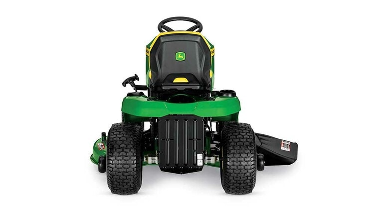 A backward-facing green riding mower with a yellow seat and green mowing deck on a white background. (2nd thumbnail)