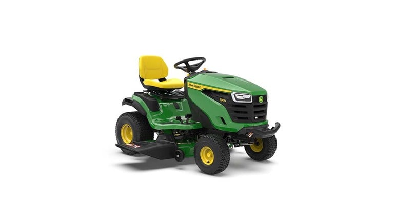 A front-right-facing green riding mower with a yellow seat and green mowing deck on a white background. (5th thumbnail)