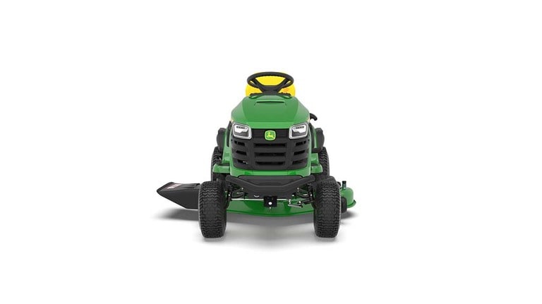 A forward-facing green riding mower with a yellow seat and green mowing deck on a white background. (3rd thumbnail)