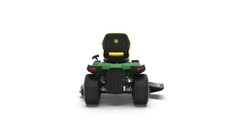 A backward-facing green riding mower with a yellow seat and green mowing deck on a white background. (2nd thumbnail)