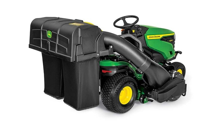 A rear-right-facing green riding mower with a bagging attachment and green 42" mowing deck on a white background. (10th thumbnail)