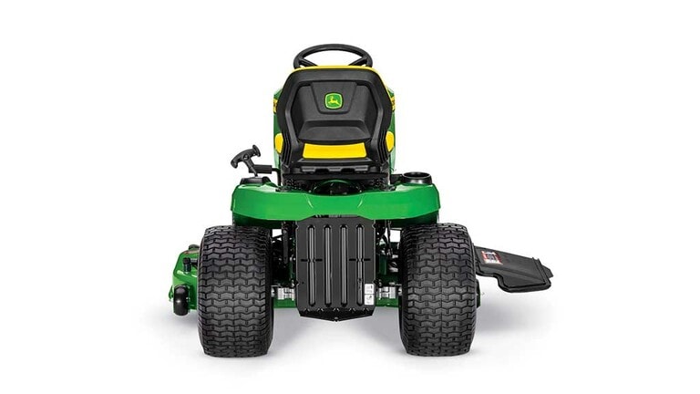 A backward-facing green riding mower with a yellow seat and green 48" mowing deck on a white background. (7th thumbnail)