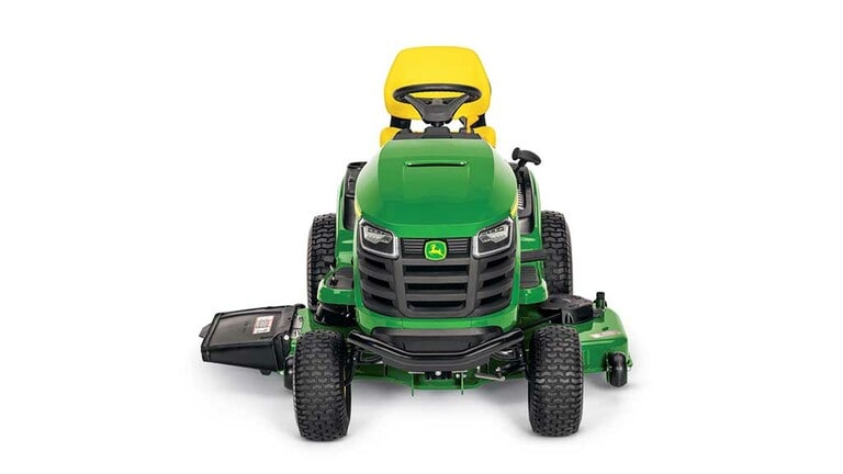 A forward-facing green riding mower with a yellow seat and green 48" mowing deck on a white background. (8th thumbnail)
