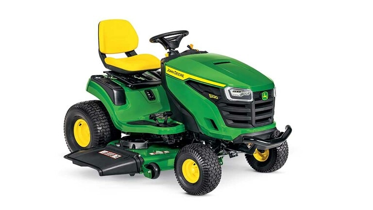 A front-right-facing green riding mower with a yellow seat and green 48" mowing deck on a white background. (10th thumbnail)