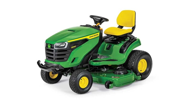 A front-left-facing green riding mower with a yellow seat and green 48" mowing deck on a white background. (6th thumbnail)