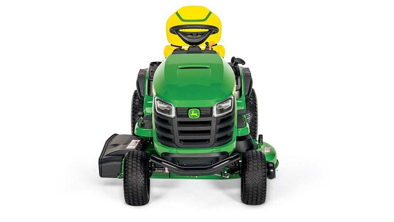 A forward-facing green riding mower with a yellow seat and green 42" mowing deck on a white background. (3rd thumbnail)