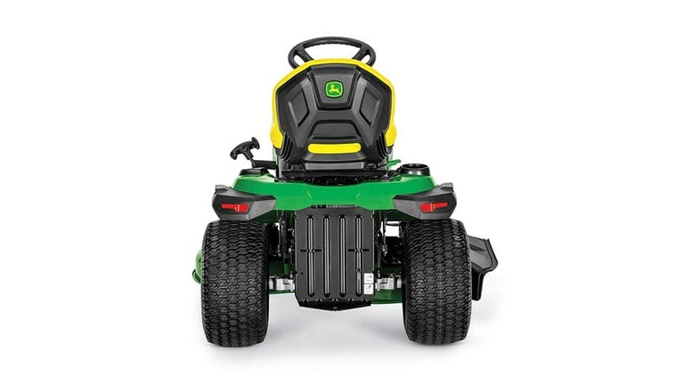 A backward-facing green riding mower with a yellow seat and green 42" mowing deck on a white background. (2nd thumbnail)