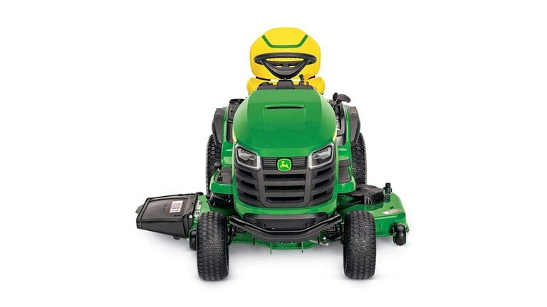 A forward-facing green riding mower with a yellow seat and green 48" mowing deck on a white background. (7th thumbnail)
