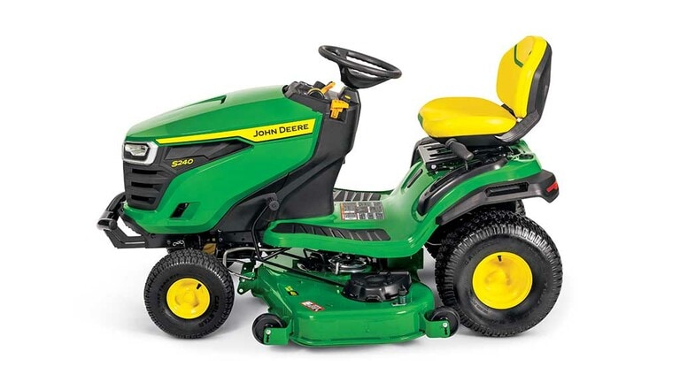A left-facing green riding mower with a yellow seat and green 48" mowing deck on a white background. (8th thumbnail)