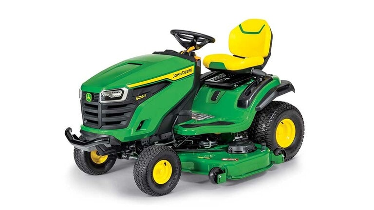 A front-left-facing green riding mower with a yellow seat and green 48" mowing deck on a white background. (6th thumbnail)