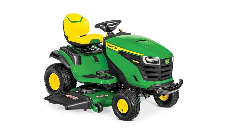 A front-right-facing green riding mower with a yellow seat and green 48" mowing deck on a white background. (9th thumbnail)