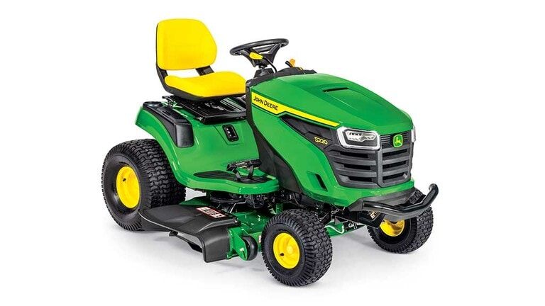 A front-right-facing green riding mower with a yellow seat and green 42" mowing deck on a white background. (4th thumbnail)