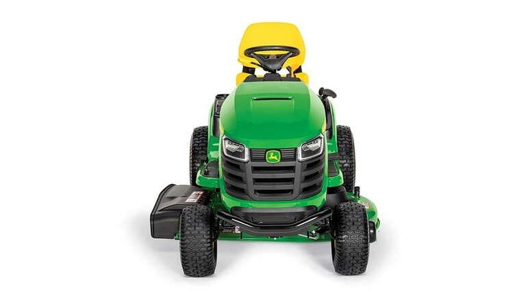 A forward-facing green riding mower with a yellow seat and green 42" mowing deck on a white background. (2nd thumbnail)
