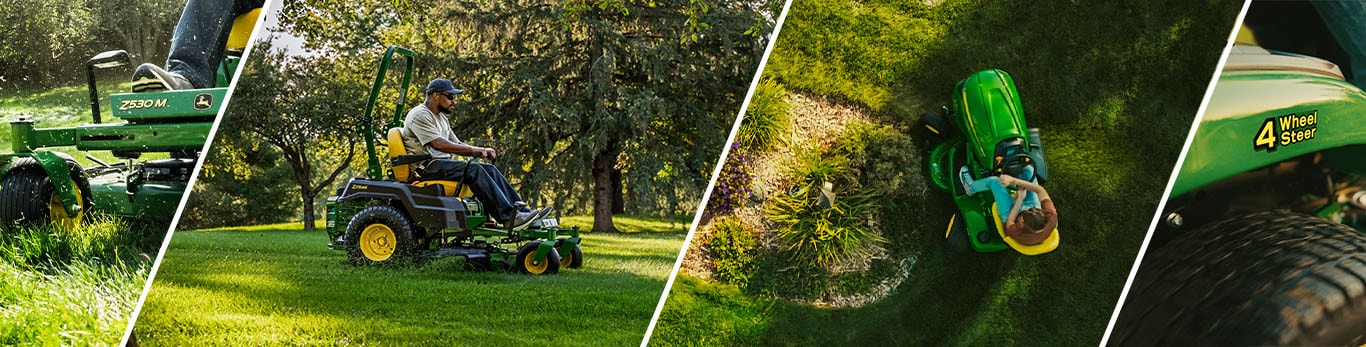 A collage of two Deere mowers, the Z530M and the X354, cutting grass from various angles.