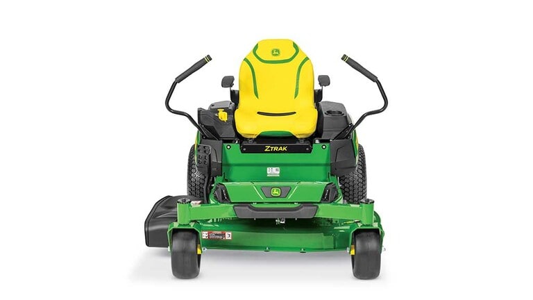 A forward-facing green zero-turn mower with a yellow seat and green mowing deck on a white background. (3rd thumbnail)