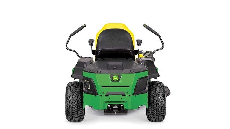 A backward-facing green zero-turn mower with a yellow seat and green mowing deck on a white background. (2nd thumbnail)