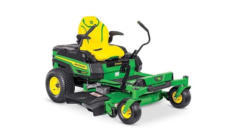 A front-right-facing green zero-turn mower with a yellow seat and green mowing deck on a white background. (4th thumbnail)