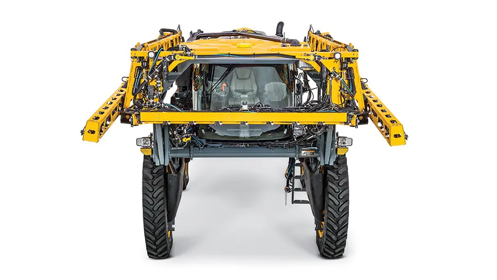 STS16 Hagie Sprayer Front studio shot of a Hagie STS Self-Propelled Sprayer with booms folded.