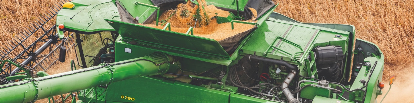 Overhead shot of the grain bin on a John Deere combine.