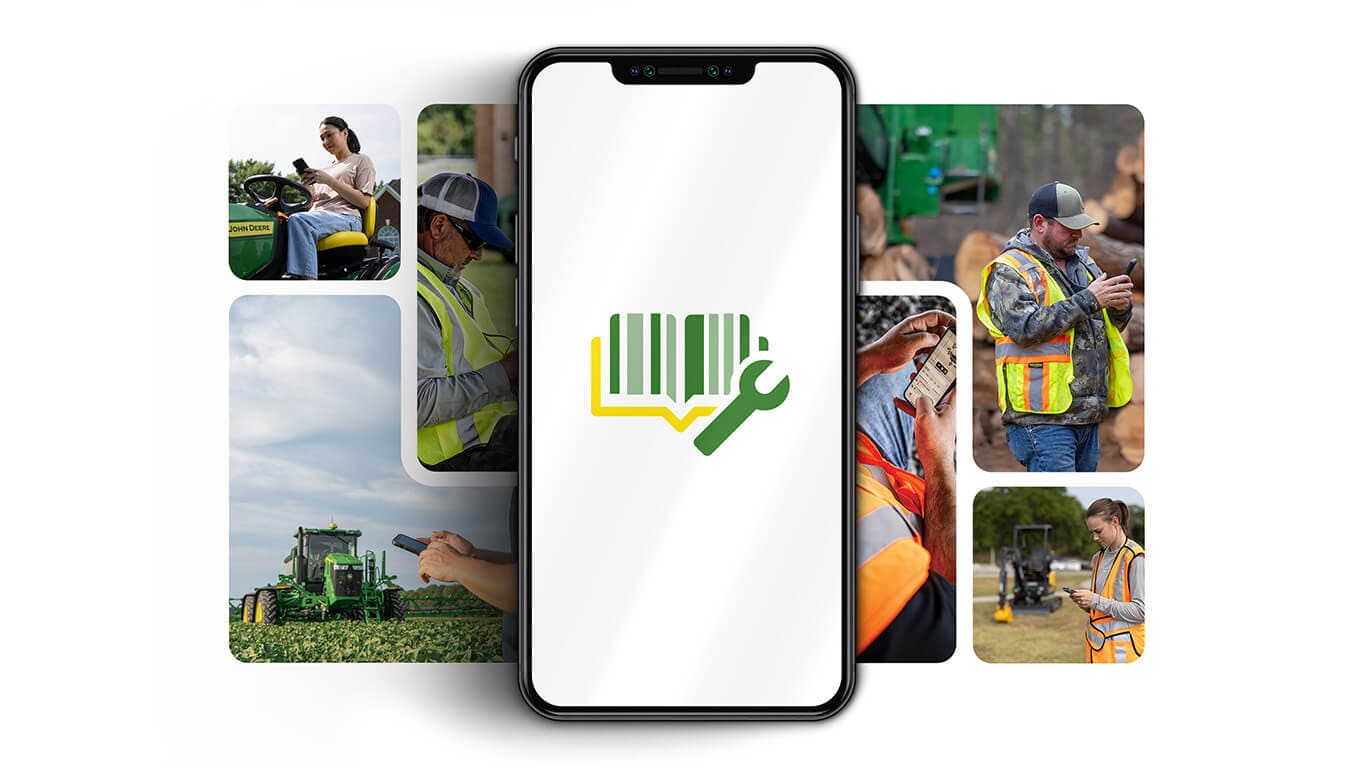 Equipment Mobile Phone with book and wrench icon, surrounded by people using machinery in different settings.