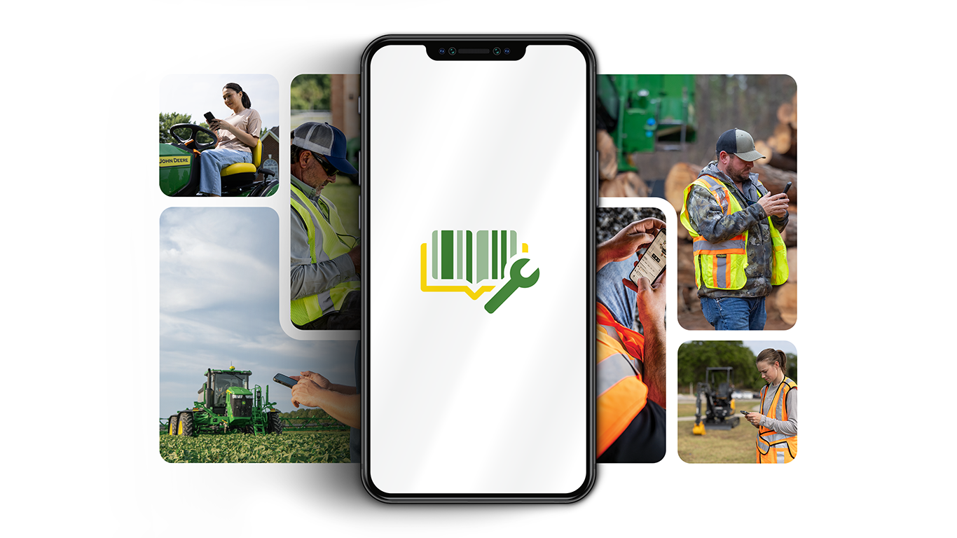 Equipment Mobile Phone with book and wrench icon, surrounded by people using machinery in different settings.